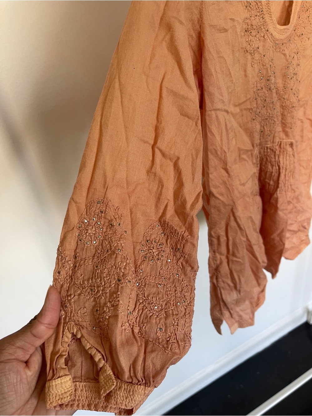 Matta Peach Embroidered V-Neck Peasant Tunic
